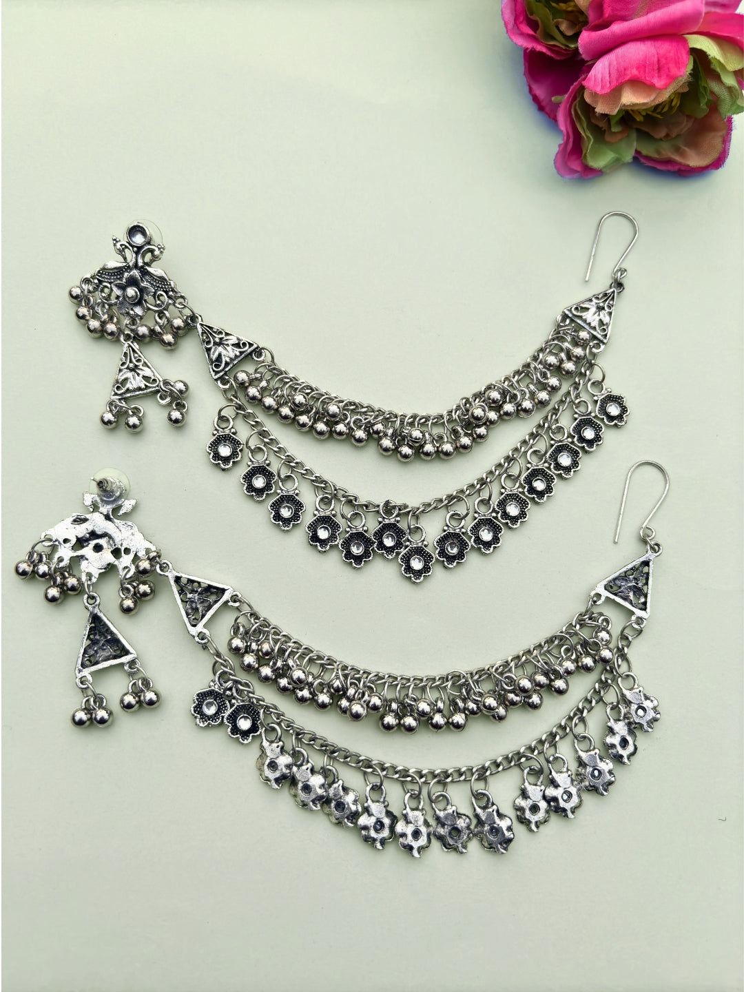 VIVAZS Oxidised Contemporary Kaanchain Earrings