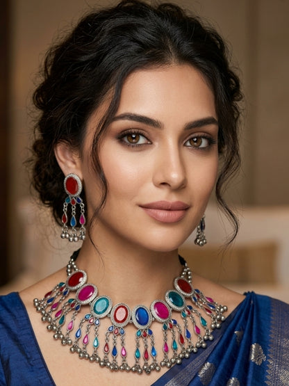 Silver-Plated Oxidised Meenakari Statement Necklace Set