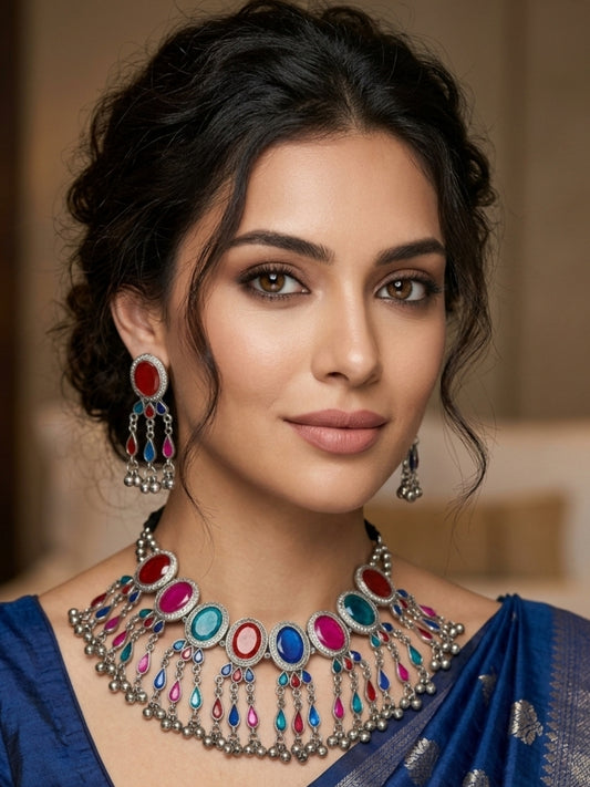 Silver-Plated Oxidised Meenakari Statement Necklace Set