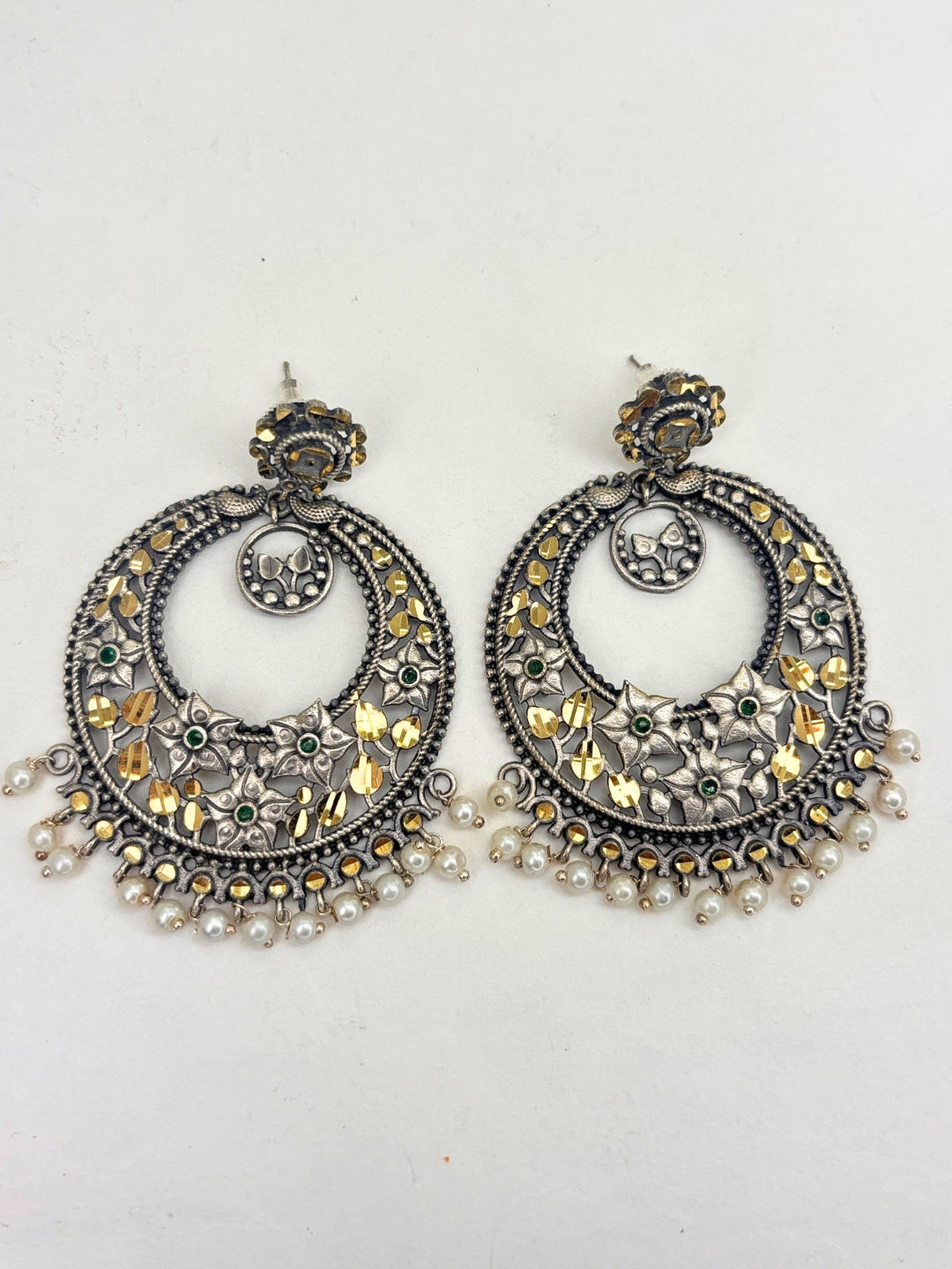 Oxidised Silver-Plated Floral Green Stone & Pearl Embellished Statement Chandbali Earrings