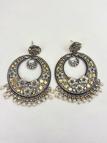 Oxidised Silver-Plated Floral Green Stone & Pearl Embellished Statement Chandbali Earrings