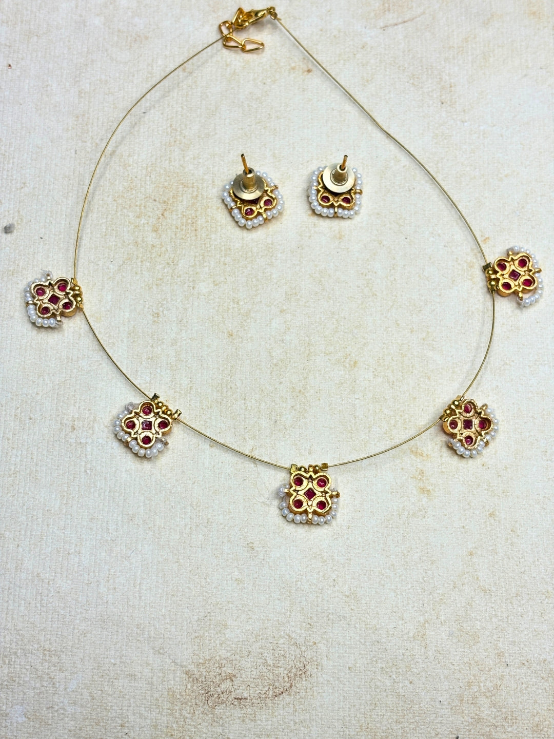 Gold-Plated Pink Stone & Pearl Embellished Minimal Choker Necklace Jewellery Set