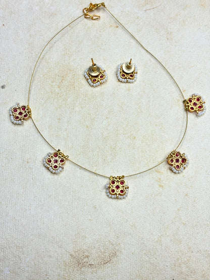 Gold-Plated Pink Stone & Pearl Embellished Minimal Choker Necklace Jewellery Set