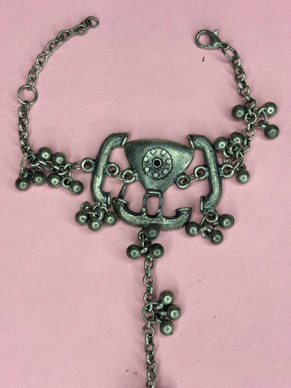 Oxidised Silver-Plated Antique Haath Phool Hand Harness Bracelet