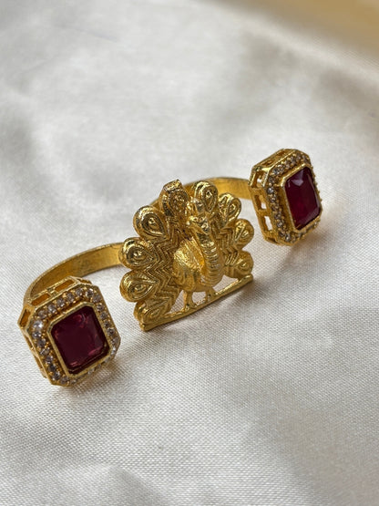 Gold-Plated Green AD stones Studded & Peacock shaped Adjustable Statement Finger Ring