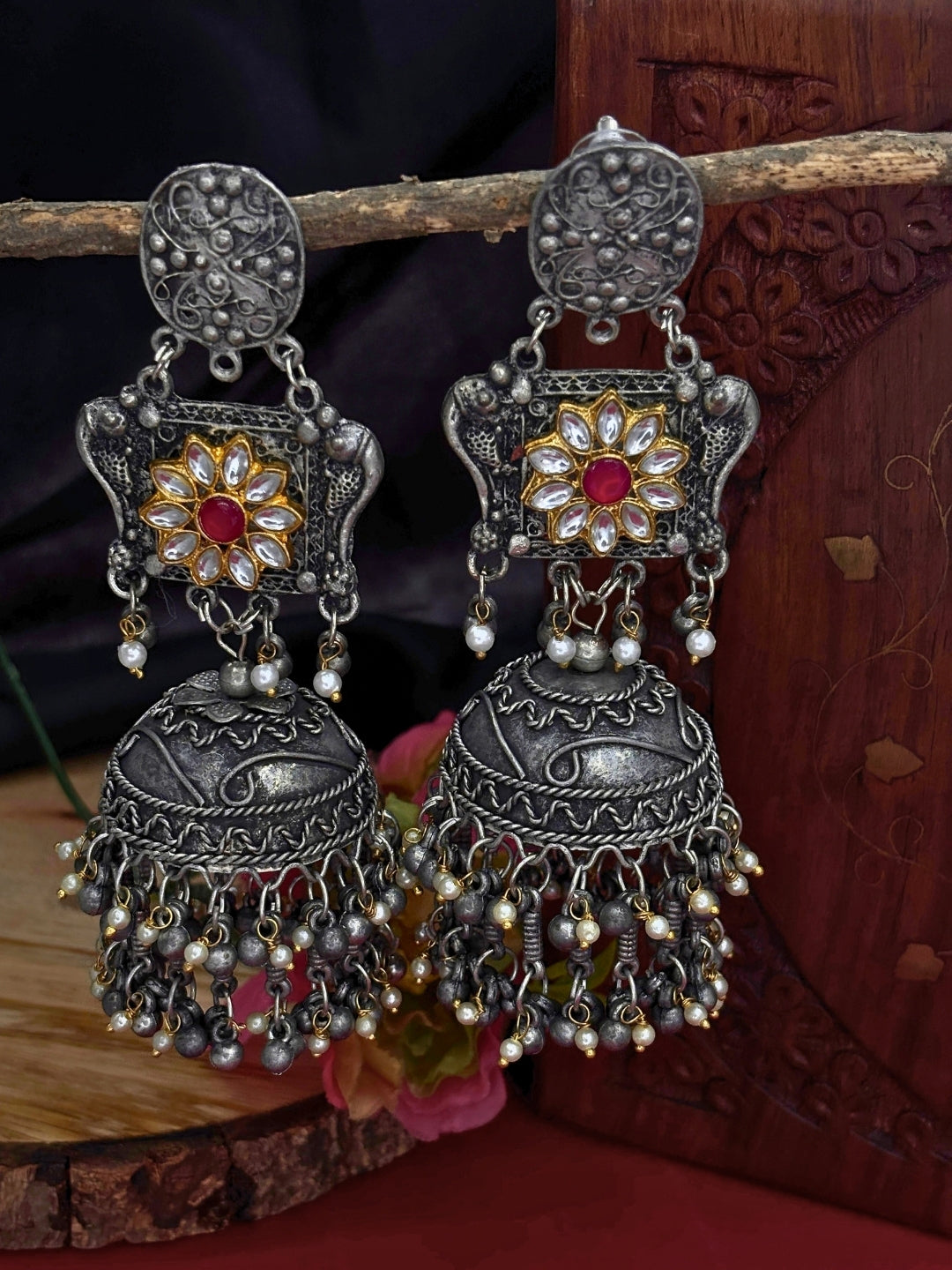 Oxidised Silver-Plated Floral Kundan Stone Studded Jhumka Earrings