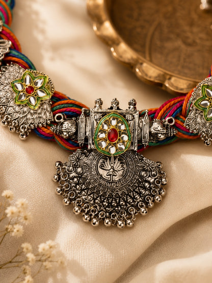 German Silver Floral & Peacock Charm Statement Bohemian Meenakari Multi Jute Necklace