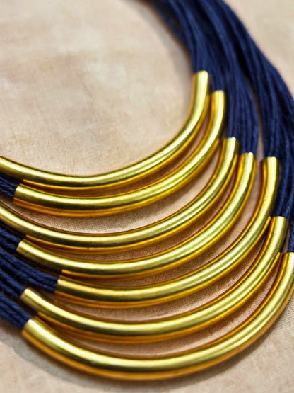 Gold-Plated Oxidised Statement Blue Thread Layered Jute Necklace