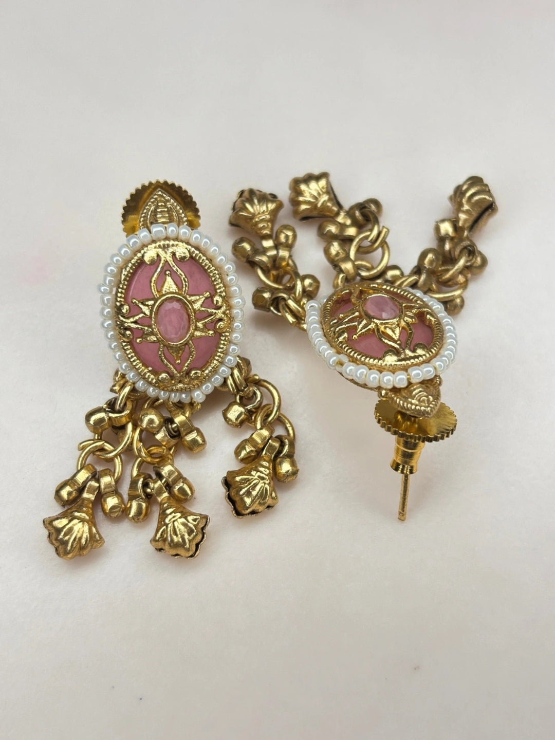 Gold-Plated Pink Kundan Stone Contemporary Stud Earrings
