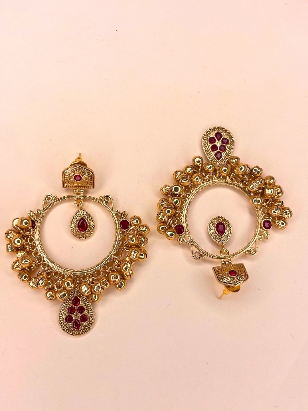 Gold-Plated Red Kundan Ghungroo Statement Earrings