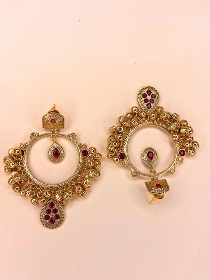 Gold-Plated Red Kundan Ghungroo Statement Earrings