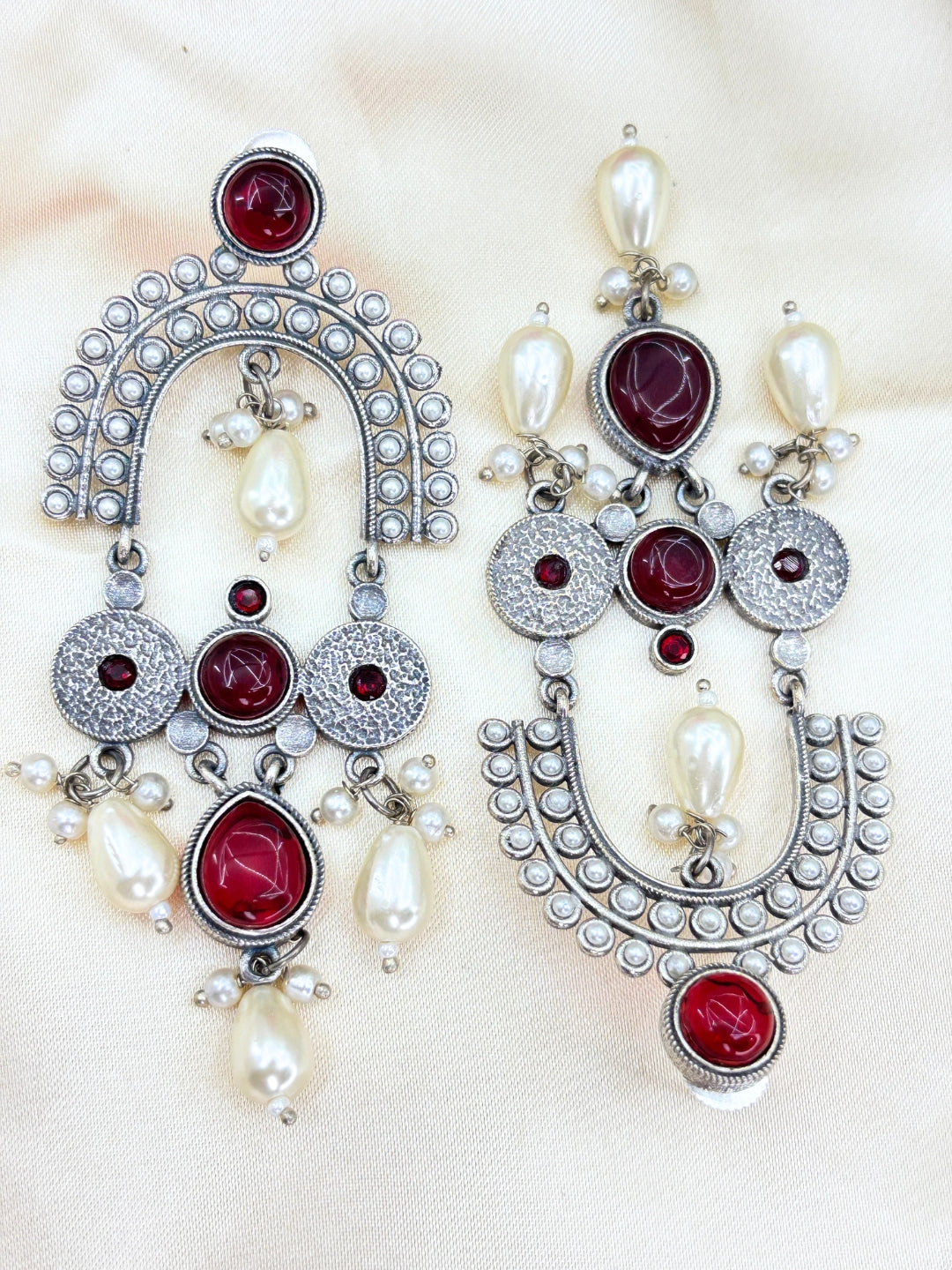 Ruby Red Stone & Pearl Embellished Oxidised Chandbali Statement Earrings