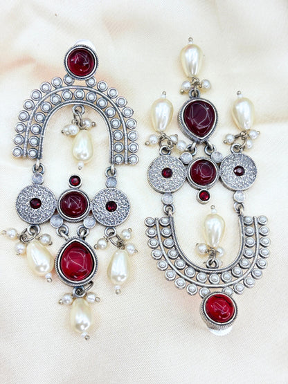 Ruby Red Stone & Pearl Embellished Oxidised Chandbali Statement Earrings