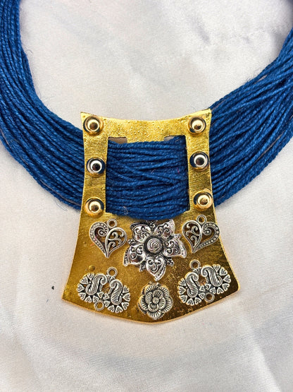 Gold-Plated Oxidised Statement Blue Thread Jute Necklace