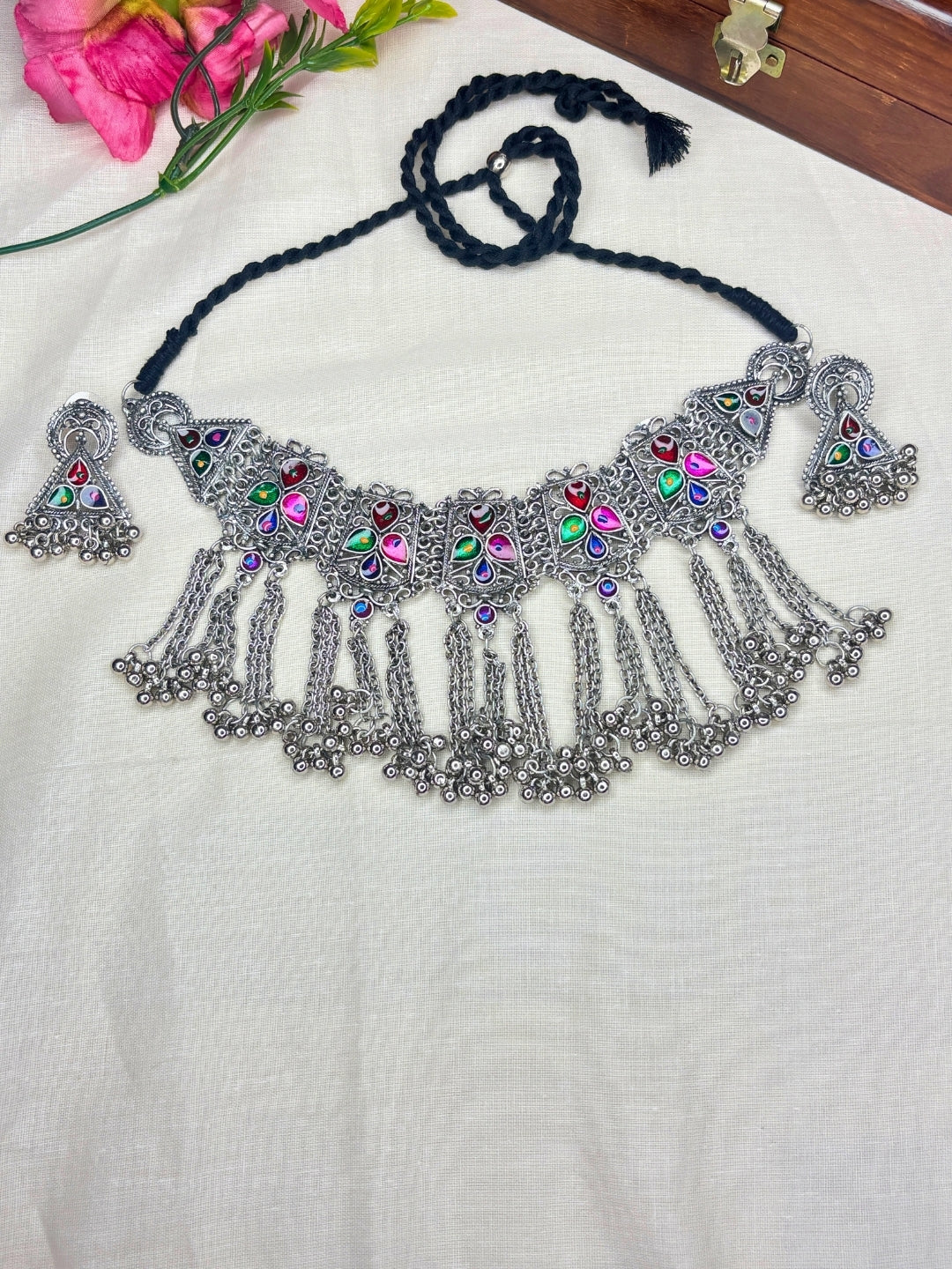 Oxidised Silver-Plated Multicolour Stone Embellished Tribal Statement Choker Necklace Jewellery Set
