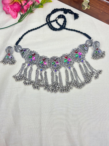 Oxidised Silver-Plated Multicolour Stone Embellished Tribal Statement Choker Necklace Jewellery Set