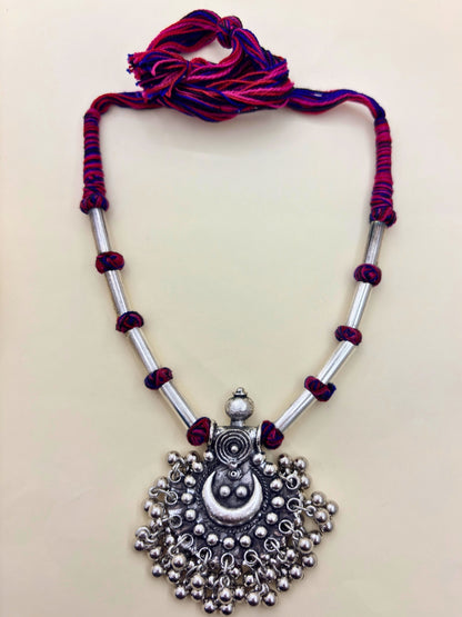 Women Oxidised Silver-Plated & Gold-Toned Stone Studded Long Pendant Necklace Jewellery Set