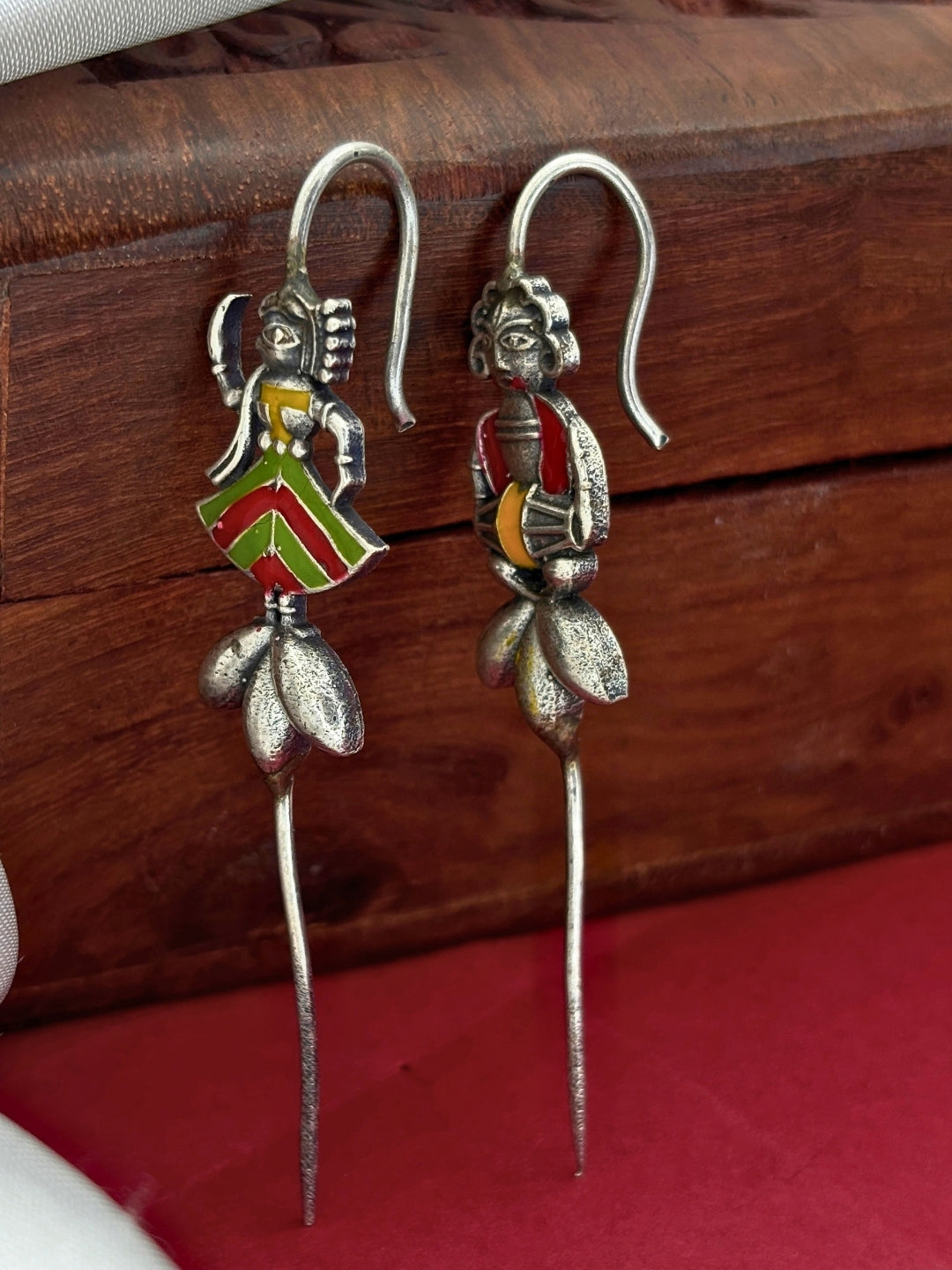 Oxidised Silver-Plated Mismatch Folk Art Drop Earcuff Earrings