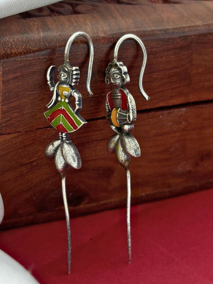 Oxidised Silver-Plated Mismatch Folk Art Drop Earcuff Earrings