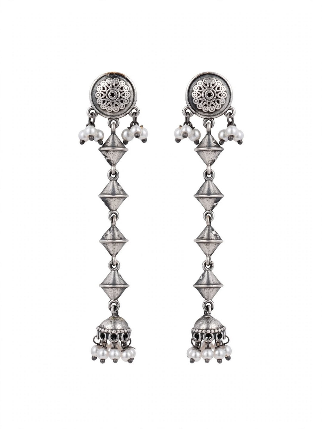 Oxidised Silver-Plated Geometric Long Drop Earrings