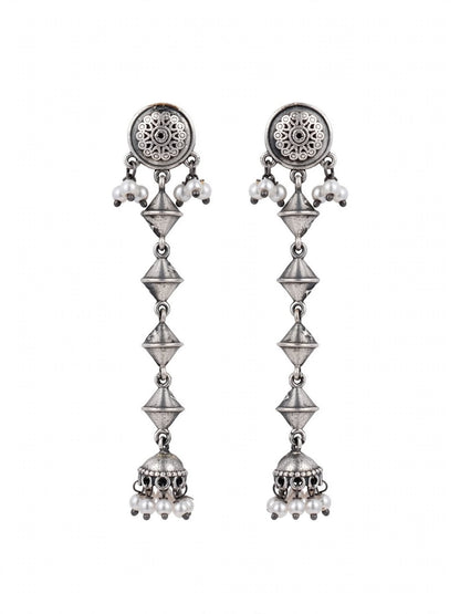 Oxidised Silver-Plated Geometric Long Drop Earrings