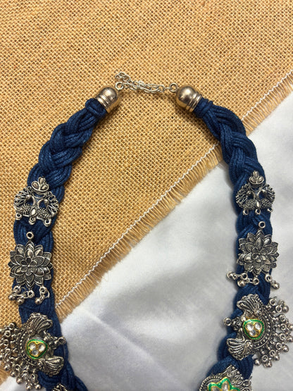 Oxidised Silver plated Floral & Peacock Charm Statement Bohemian Jute Necklace