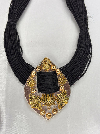 Gold-Plated Oxidised Statement Black Thread Jute Necklace