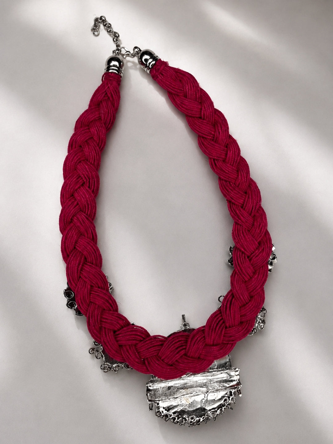 German Silver Magenta Braided Thread Oxidised Silver Statement Necklace