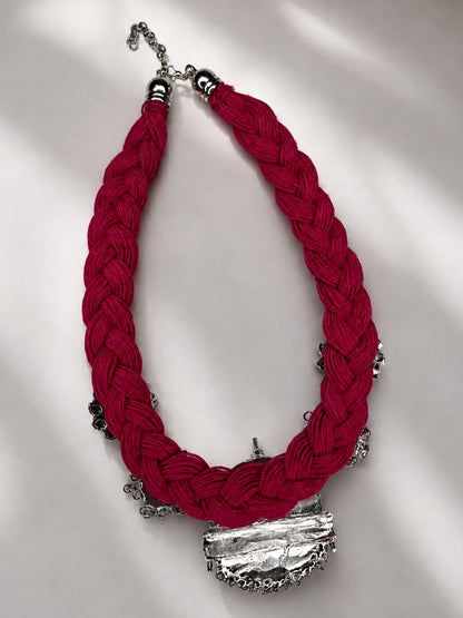 German Silver Magenta Braided Thread Oxidised Silver Statement Necklace