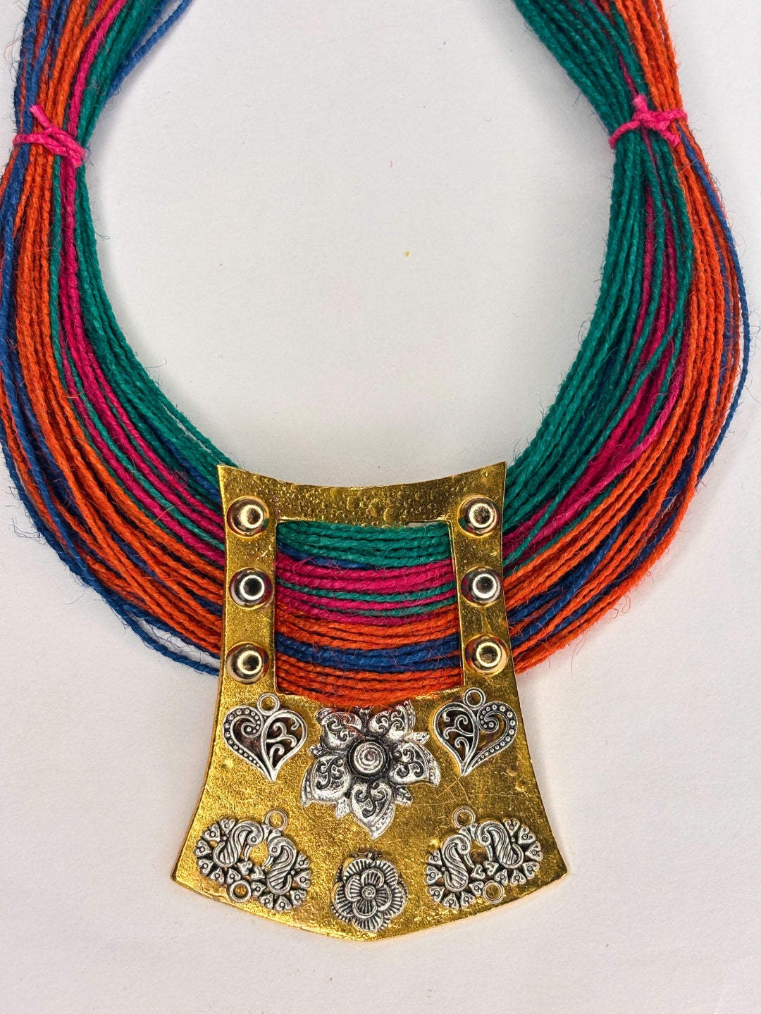 Gold-Plated Oxidised Statement Multi Thread Jute Necklace