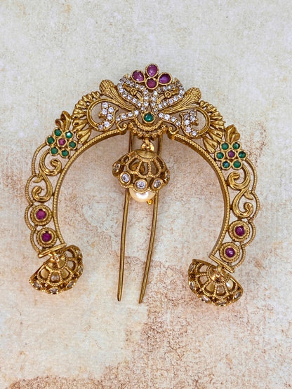 Gold-Plated Kundan and AD Pearl Embellished Traditional Hair Juda Pin