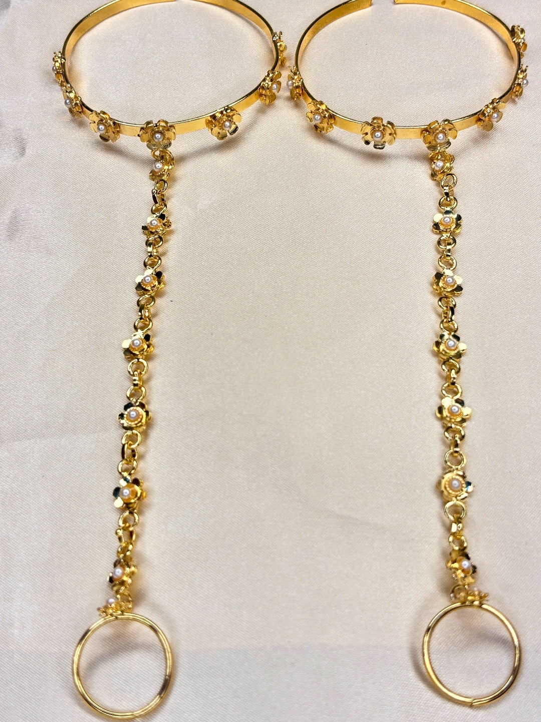 Gold-Plated Floral Pearl Adjustable Bracelet with Finger Ring Hand Harness Hathphool