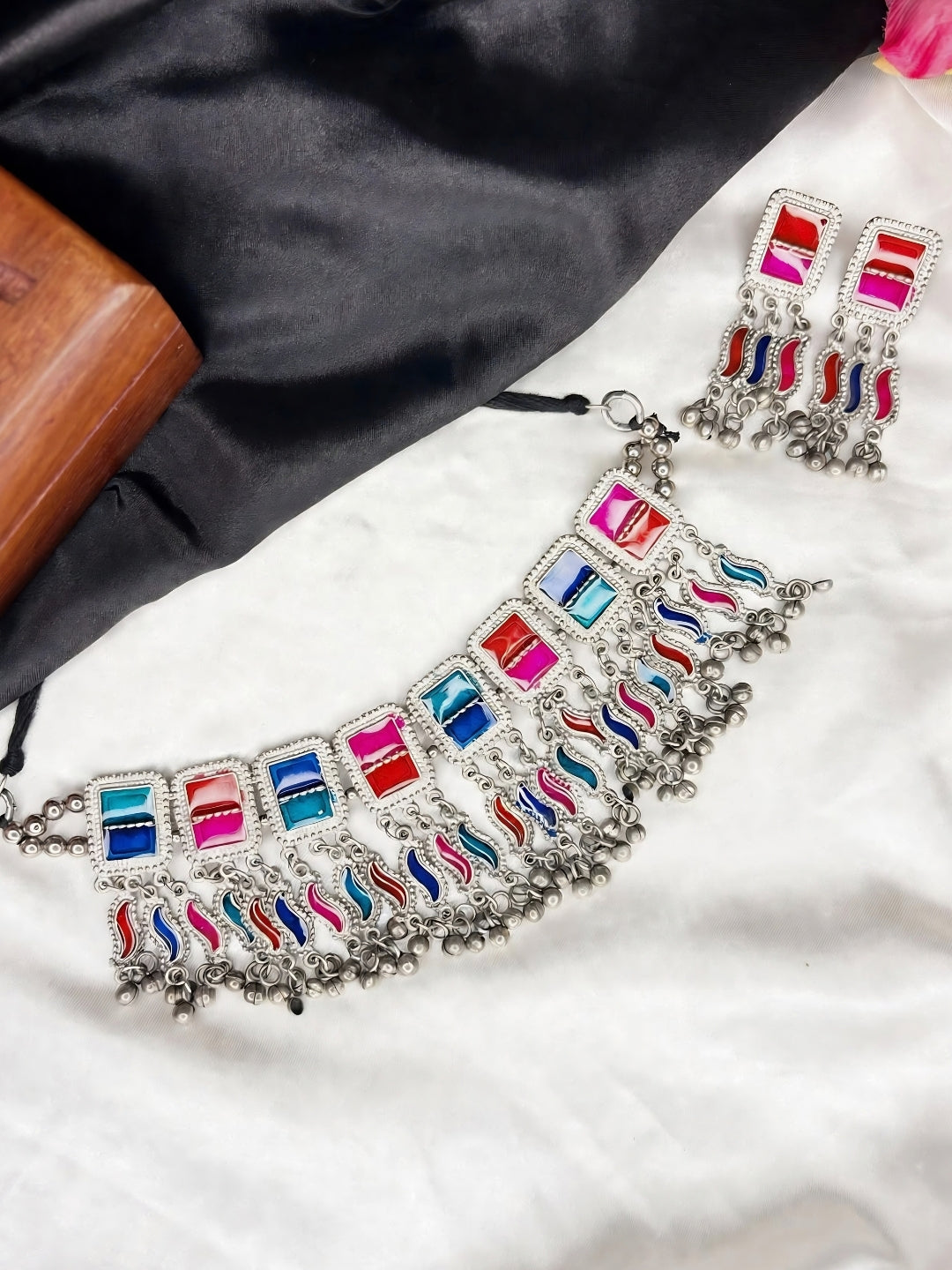 Silver-Plated Oxidised Meenakari Statement Necklace Set