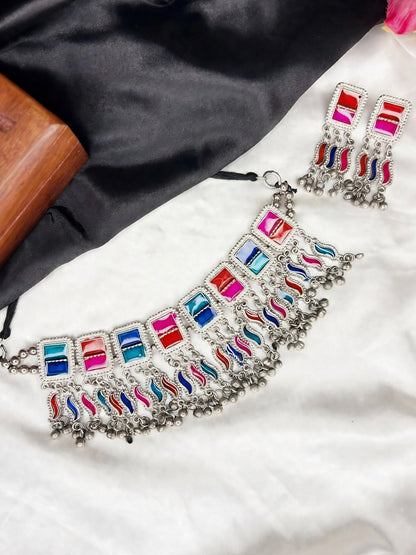 Silver-Plated Oxidised Meenakari Statement Necklace Set