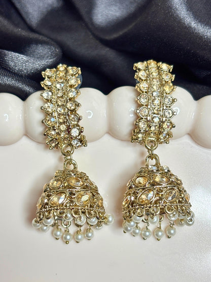 Gold-Plated  Kundan & Pearl Studded Layered  Jhumka Earrings