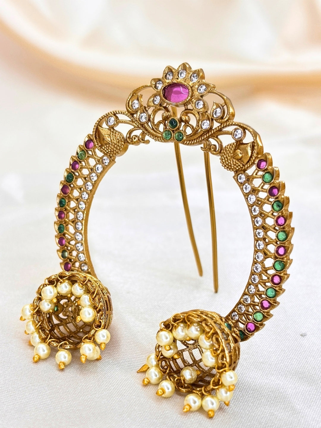 Gold-Plated Multicolour AD Stone Embellished Pearl Jhumka Juda Pin