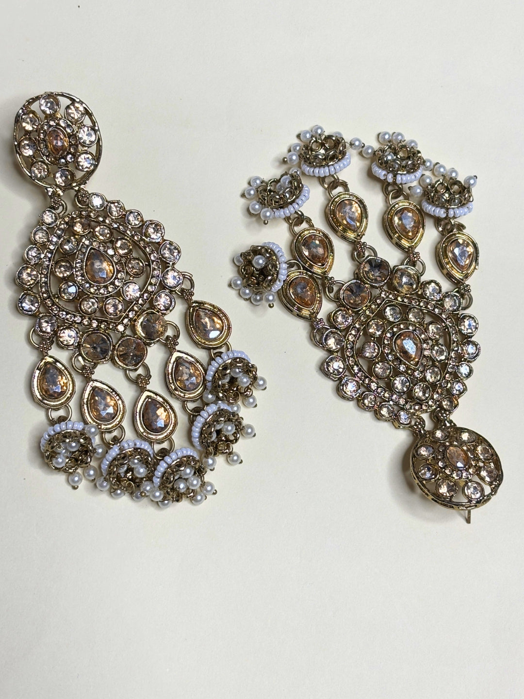 Gold-Plated Kundan, Zirconia & White Pearl Beaded Long Chandbali Earrings