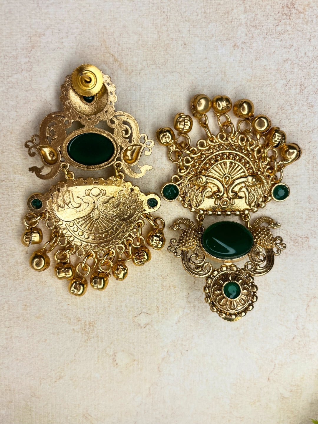 Gold-Plated Green Stone-Studded Peacock Motif Dangler Earrings