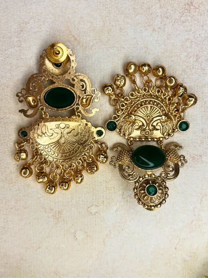 Gold-Plated Green Stone-Studded Peacock Motif Dangler Earrings