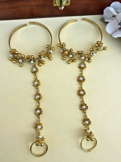 VIVAZS Gold-Plated Pearl Ring Bracelet With Hathphool