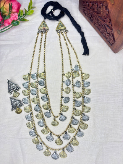 Oxidised Silver Plated Dual-Toned Antique Layered Shell Charm Long Necklace Jewellery Set