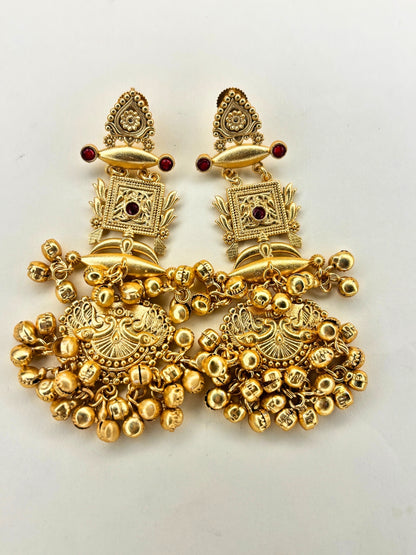 Gold-Plated Pink Stone Kundan Ghungroo Statement Drop Earrings