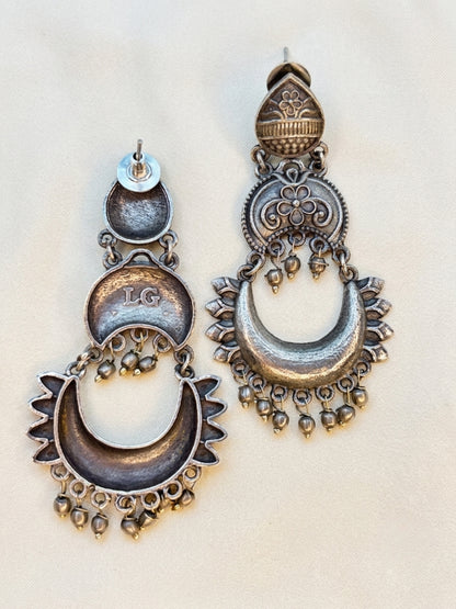Women Silver-Plated Oxidized Crescent-Shaped Chandbali Drop Earrings