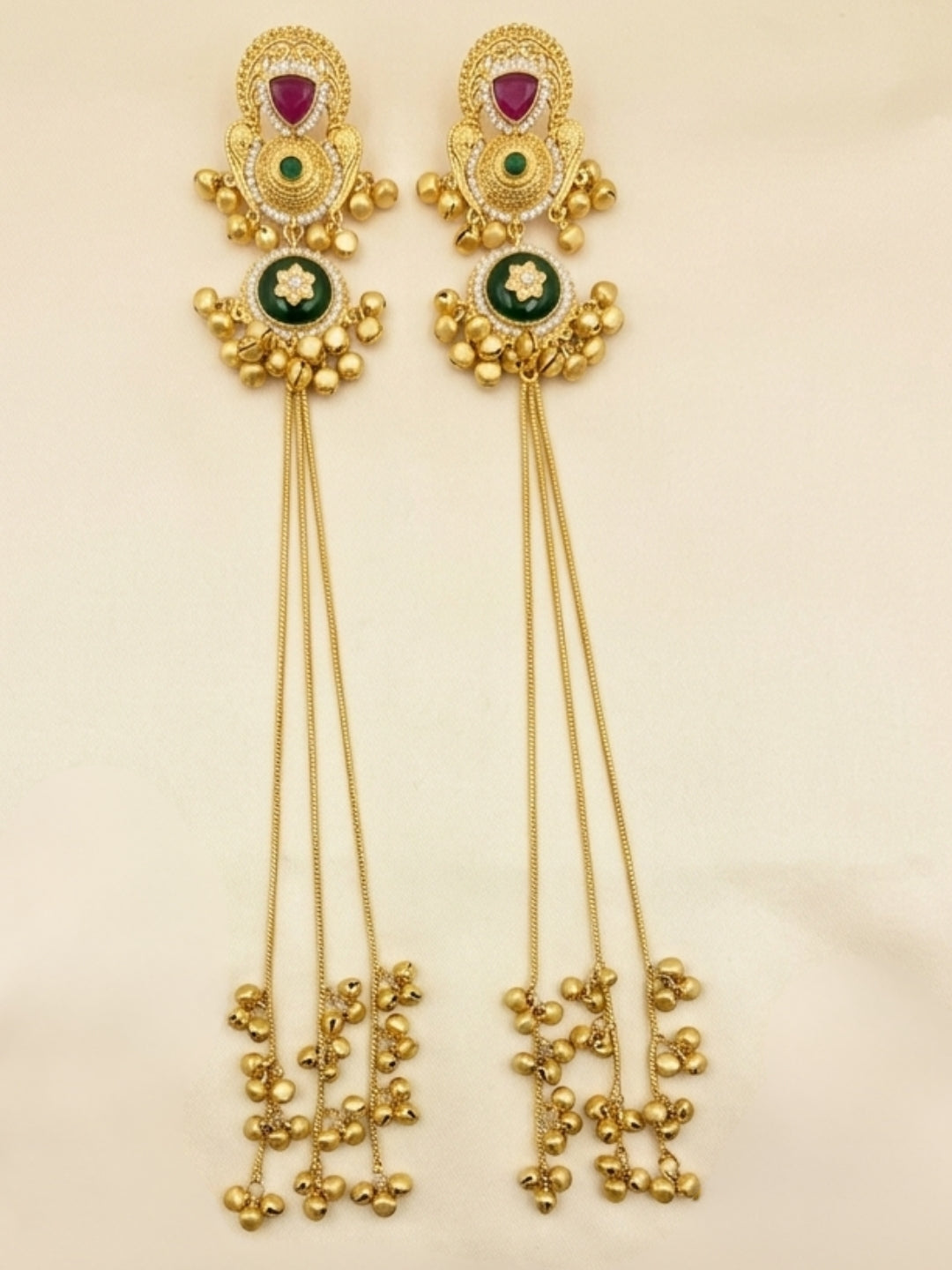 Set Of 2 Gold-Plated Peacock Shaped Kundan & Ghungaroo Studded Kashmiri Drop Earrings