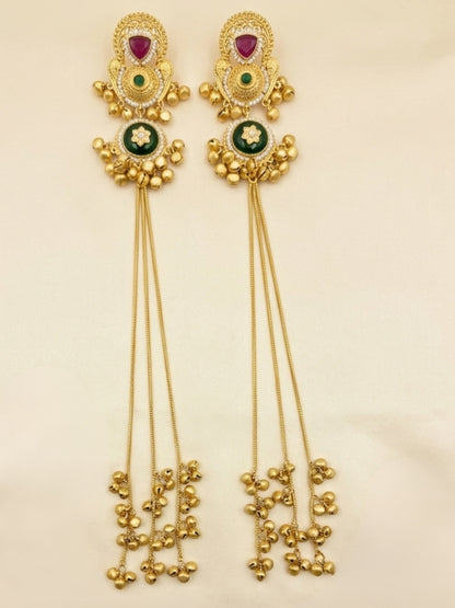 Set Of 2 Gold-Plated Peacock Shaped Kundan & Ghungaroo Studded Kashmiri Drop Earrings