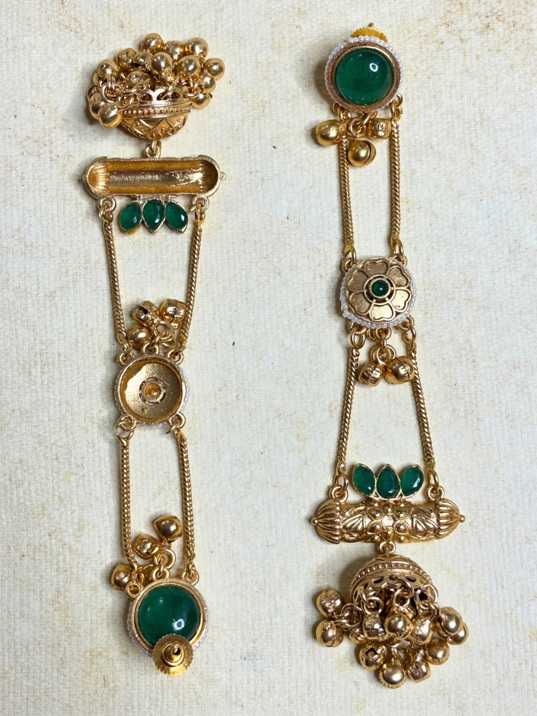 Gold-Plated Green Kundan Stone Studded Long Chain Kashmiri Jhumka Earrings