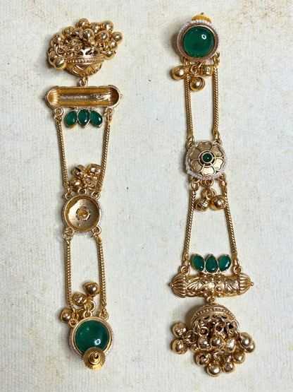Gold-Plated Green Kundan Stone Studded Long Chain Kashmiri Jhumka Earrings