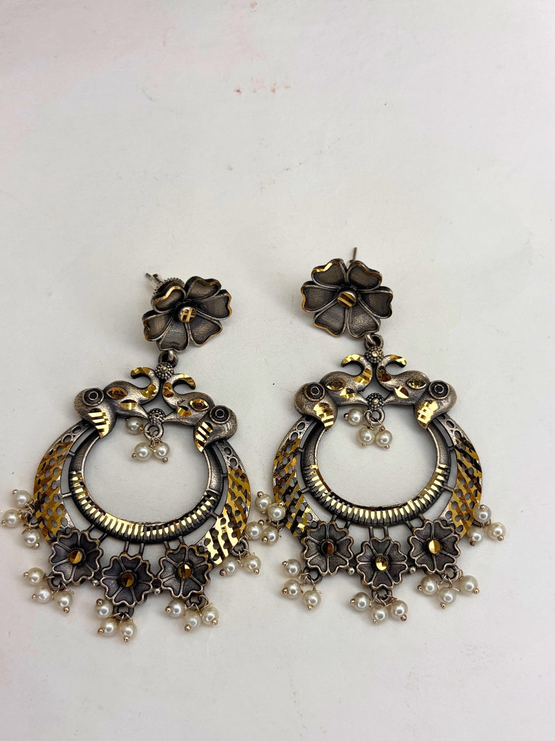 Oxidised Silver-Plated Floral & Pearl Embellished Peacock Statement Drop Earrings