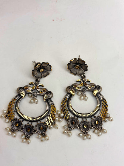 Oxidised Silver-Plated Floral & Pearl Embellished Peacock Statement Drop Earrings