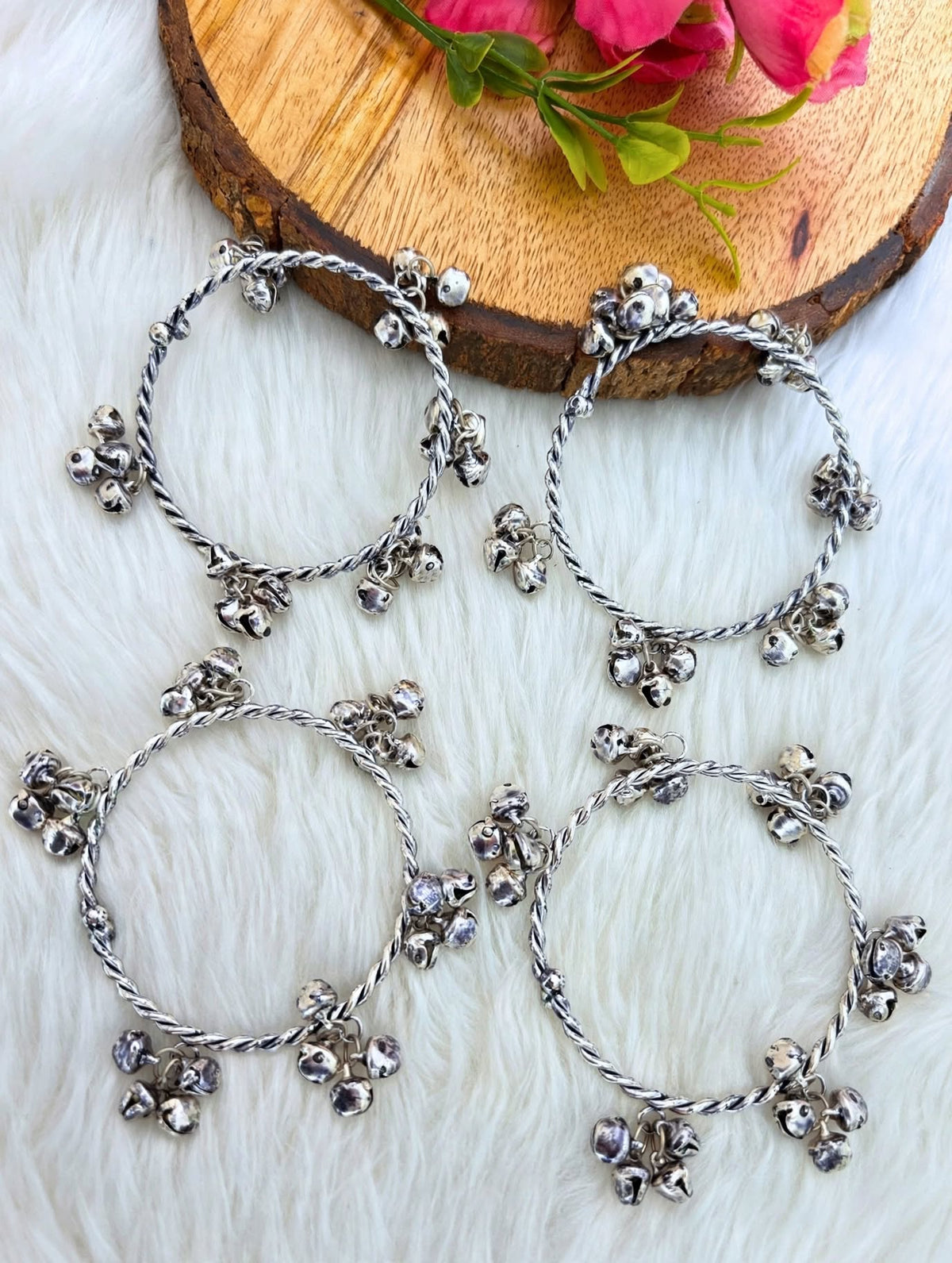Set of 4 Silver-Plated Oxidised Kashmiri Ghungroo Bangle